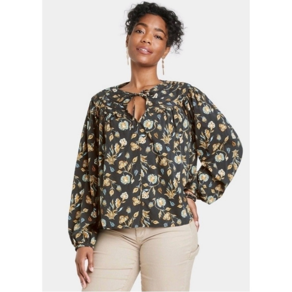 Universal Thread Gray Orange Floral Puff Sleeve Blouse Size Medium